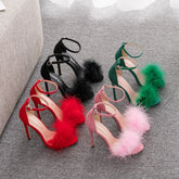 Crystal Queen Women Summer Sandals Fluffy Peep Toe Stilettos High Heels