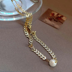 Korean Gold Color Wheat Pearl Choker Necklace for Women Elegant Tassel Clavicle Chain