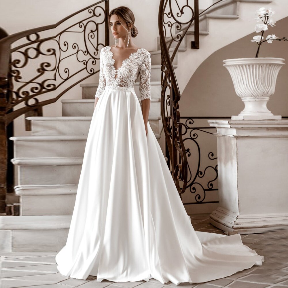 White Bridesmaid Dresses: Wedding Dresses V-Neck Satin A-Line Bridal Gown