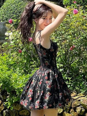 Women Black Flower Print Spliced Mesh Bra Corset style Mini Dress Slim