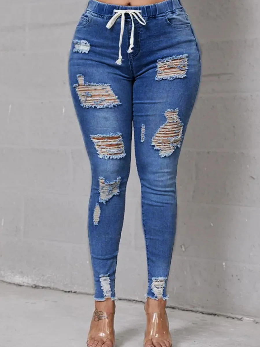 LW Plus Size 2023 Women Autumn Casual High-Waist High Stretchy Ripped Distressed Jean