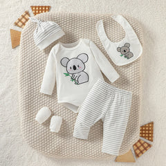 4Pcs Baby Boys Spring/Autumn Long Sleeve Cartoon Elephant Boysuit+ Stripe Trouser For Outfits Chlothing+Hat+Bib+Gloves