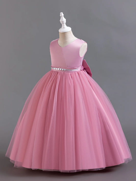 Sleeveless Big Bow Solid Princess Dress Piano Performance Dress Holiday Party Host Dress Flower Girl Wedding Evening Dress
