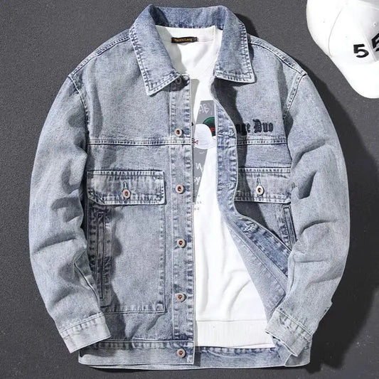 Men's Denim Jacket Wide Shoulders Male Jean Coats with Embroidery Blue Letter Casual