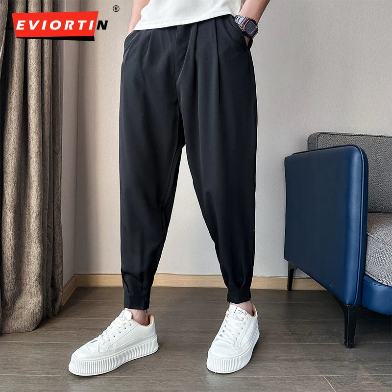 Spring Summer Casual Sold Color Trousers Male Slippery Feet Ice Silk Pants Korea