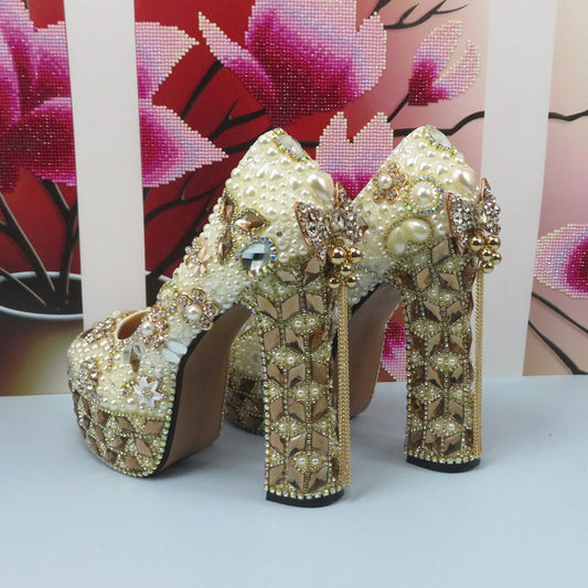 Matching Shoes and Bags: Gold Wedding Shoes and bag Set Woman 14cm High Pumps