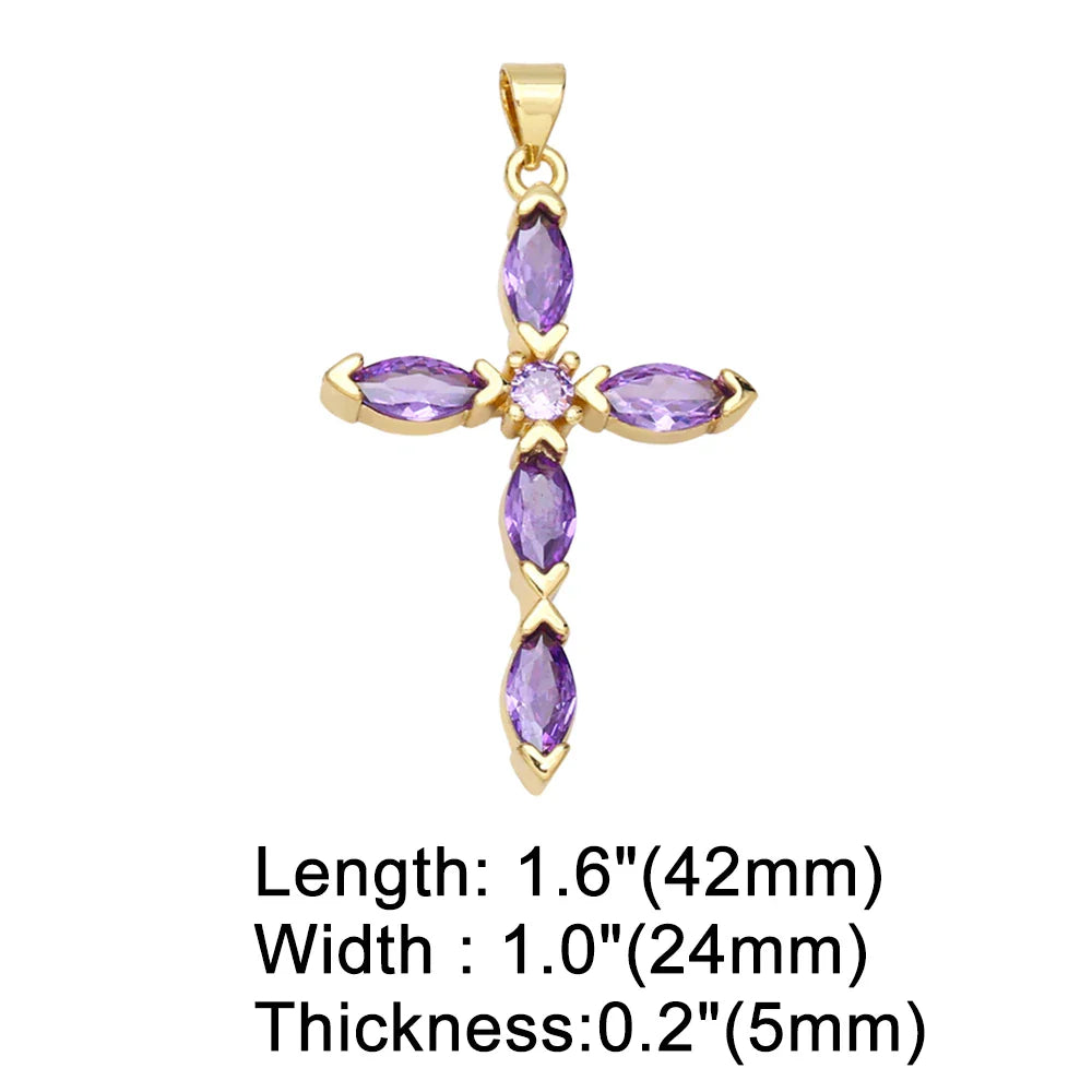 OCESRIO Big Rainbow Colorful Cross Pendants for Necklace Gold Plated Copper Zircon Religious Jewelry Components pdta638