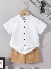 Middle East 2Pcs boys' clothing summer stand up collar button up short sleeved shirt and striped short sleeved casual versatile