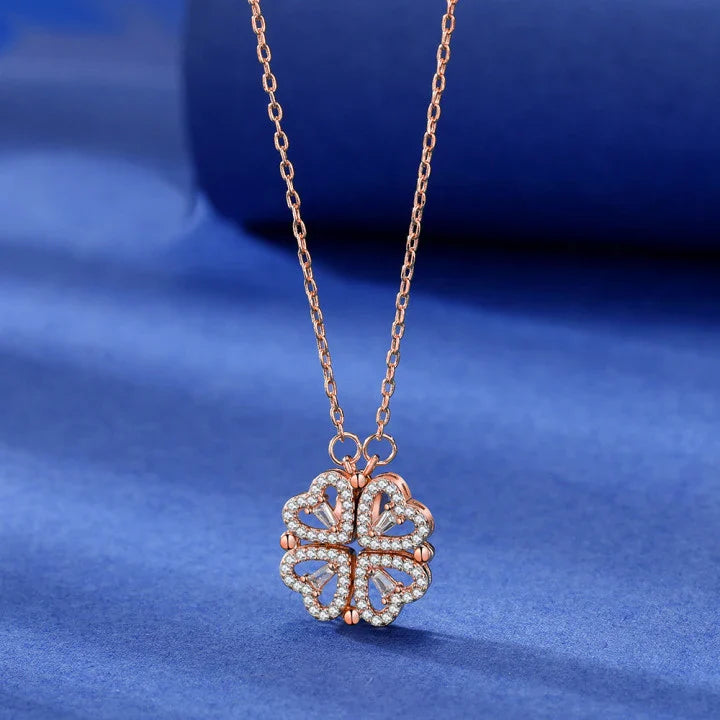 CARLIDANA Transform Luxury Four Leaf Clover Pendant Necklace Stainless Steel Crystal Gold Color Heart Jewelry for Women Gift