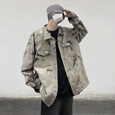 Men Gray Tie-dye Denim Jackets Coats Loose Vintage Jeans Jackets