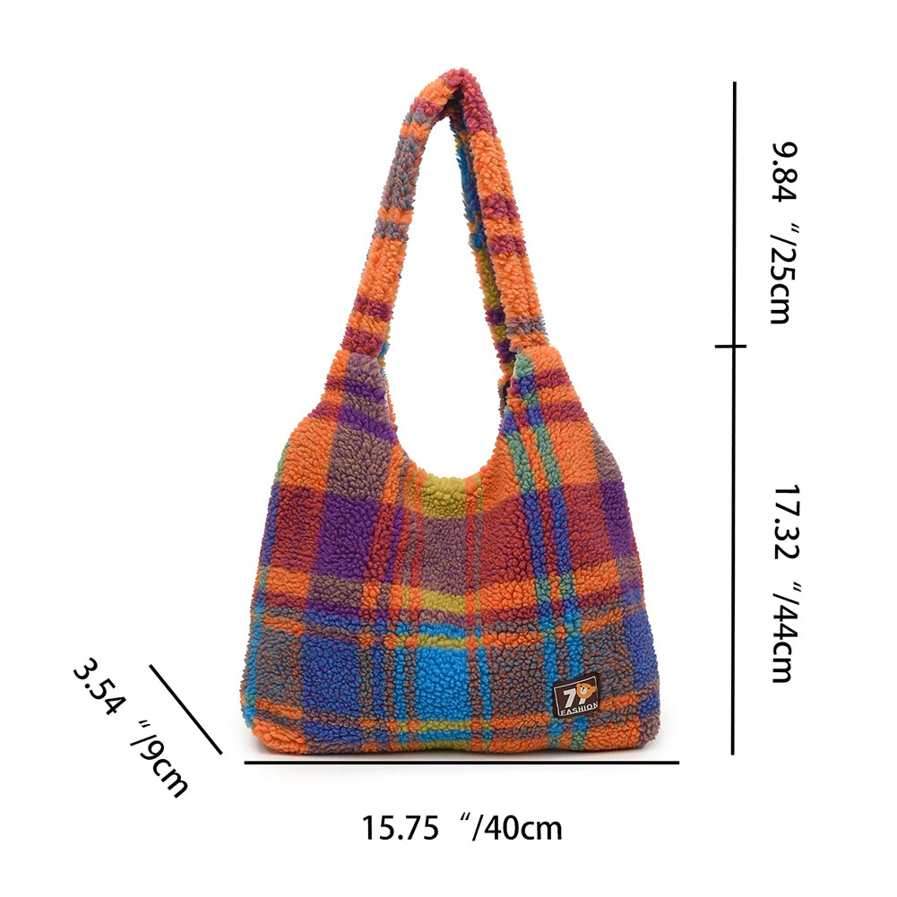 Women Lamb Wool Fluffy Handbag Large Capacity Plush Shoulder Bag Plaid