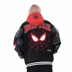 Jackets Men Embroidery Baseball Jacket removable Hat Spliced PU Leather