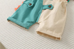 Summer New 2025 Fashionable Children's Boys' Colorful Striped Cotton Short Sleeved/cartoon Dinosaur Overalls Two-piece Set 1