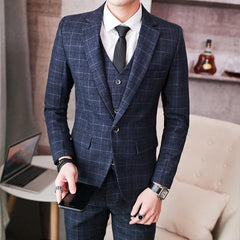 Prom Suits for Men: Men's Fashion Korean Version Slim-fit Plaid Suit Three-piece