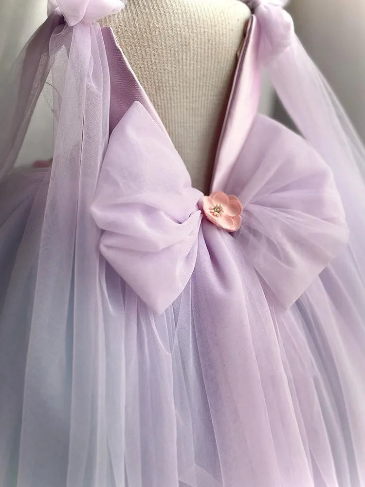 New flower girl wedding net gauze one year old birthday party dress 2024 big bow girl gorgeous graduation evening dress