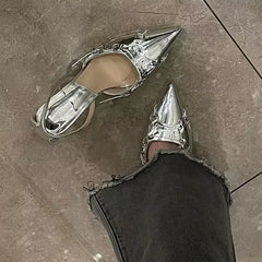 Y2K Silver High Heels Sandals Women Punk Goth Pointed Toe Party Shoes