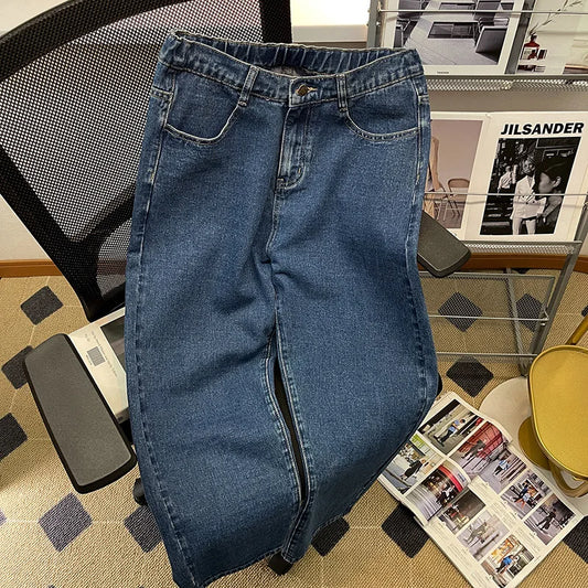 Men Baggy Jeans Korean Fashion Elastic Waist Classic Style Denim Ankle-Length Pants