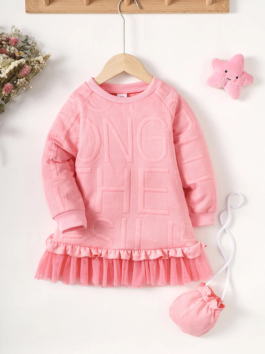 Children Girl Embossed Letter Long Skirt Autumn Long Sleeve Dress