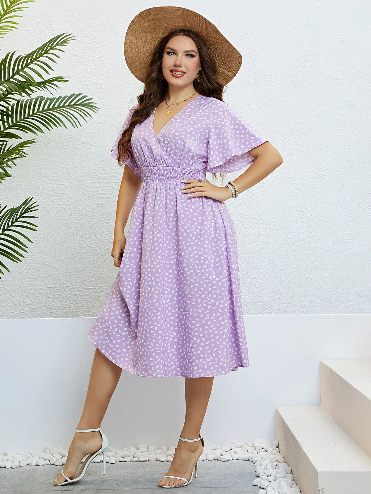 Plus Size Women's Dress Wrap V Neck Short Flare Sleeve Summer Robe Elastic