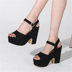 Woman Sandals High Heels Female Platform Ankle Strap Buckle Ladies Flock