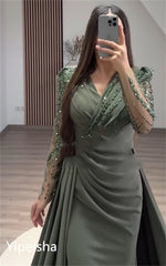 Homecoming Dresses: V-neck Sheath Celebrity Sequin Flowers Fold Satin Prom Dresses