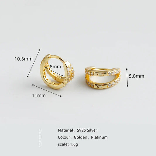 WANTME 925 Sterling Silver Fashion Luxury Shiny Double Layer Zircon Huggies Hoop Earrings for Women Plated 18k Gold Fine Jewelry