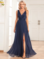 Homecoming Dresses: Women's Shiny Chiffon Sleeve Evening Gown Double V Neck