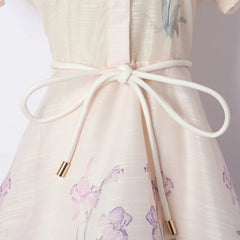 Floral Print Collar Bow Tie Scarf Neck Short Flare Sleeve Women Ladies