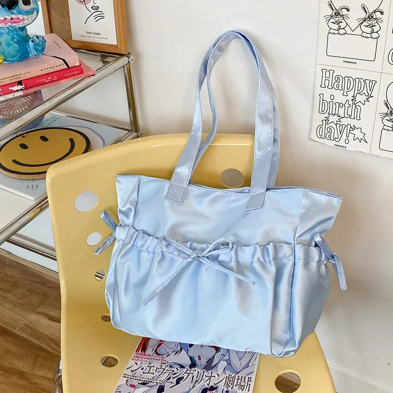 Elegant Bow Womens Shoulder Bag Nylon Pleated Korean Style Fashion Tote Bag