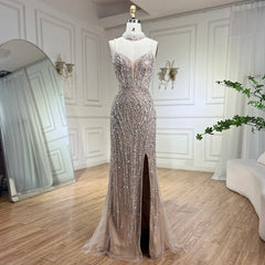 Homecoming Dresses: Spaghetti with split Strap Beaded Evening Dresses