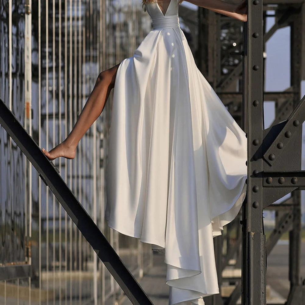 White Bridesmaid Dresses: A-Line Wedding Dress Satin Side Slit Floor Length