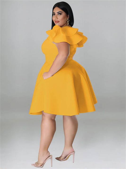 Plus Size Dresses for Women Elegant Party Solid Ruffles Sleeve Big Hem Midi Dress