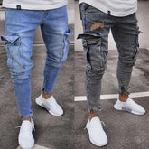 Men Jeans Pencil Pants Solid Denim Sheath Mid Waist Zipper Fly Pockets Slim Fit