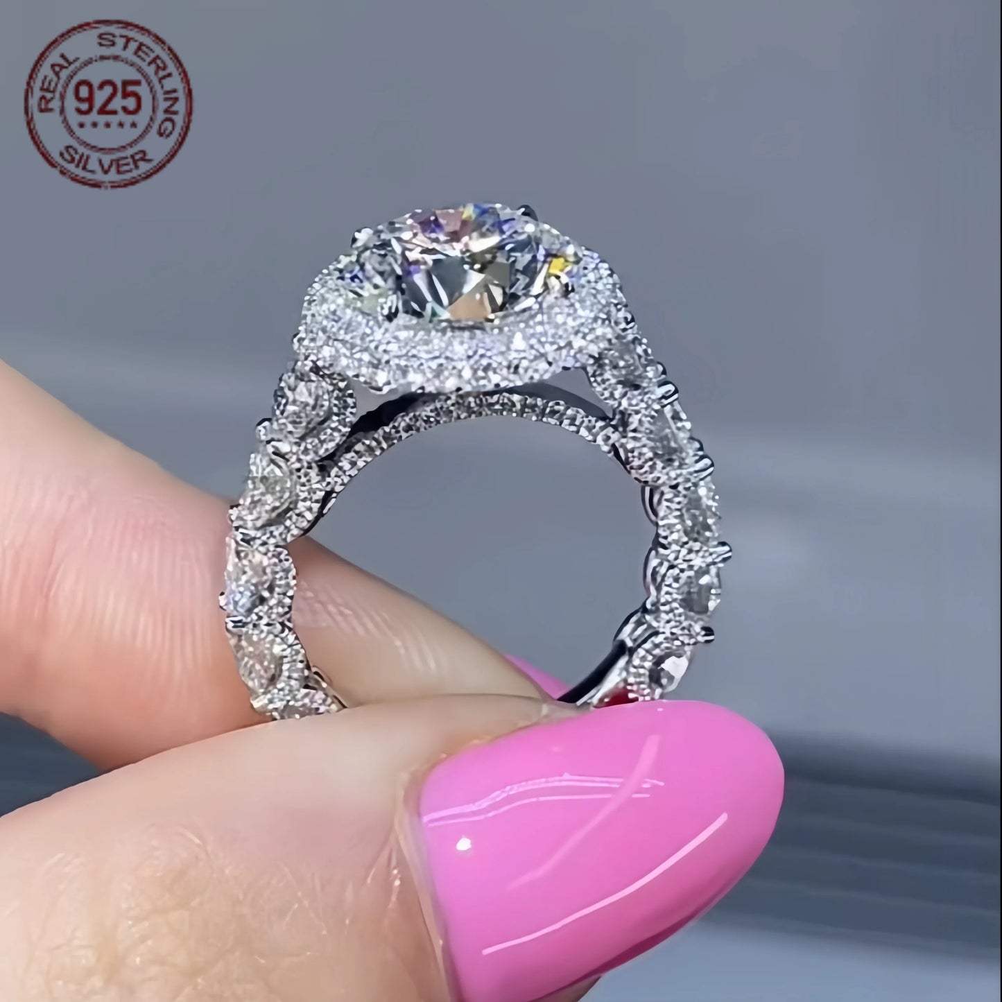925 Silver Rings For Women Halo Engagement Ring Round Cut AAAAA Zircon Platinum Plated Female Wedding Band Jewelry Gift
