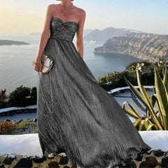 Knot Chest Wrapping Dresses Bronzing Backless Large Hem Maxi Dress