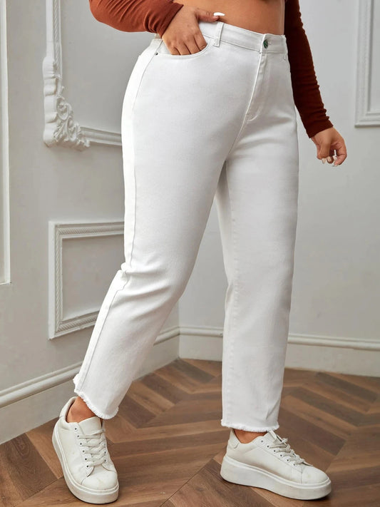Plus Size White Jeans for Women Straight Fitting Spring Autumn Full Length