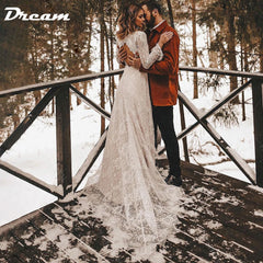 White Bridesmaid Dresses: Long Sleeves Floral Lace V Neck Boho Wedding Dress