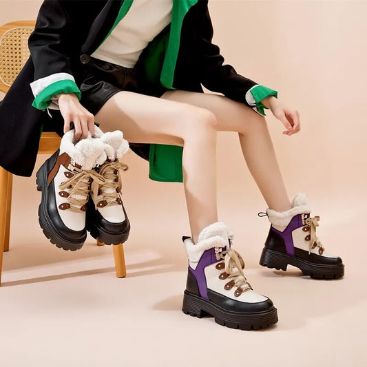Women Snow Boots Genuine Leather Platform Winter Women Ankle Boots