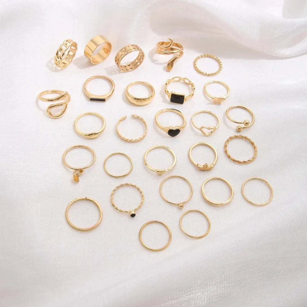 Maximum 27PCS Vintage Heart Snake Butterfly Rings Set for Women Metal Gold Plated