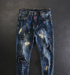 Jeans for Men Straight Cropped Trousers Graphic Motorcycle with Print Pockets Male