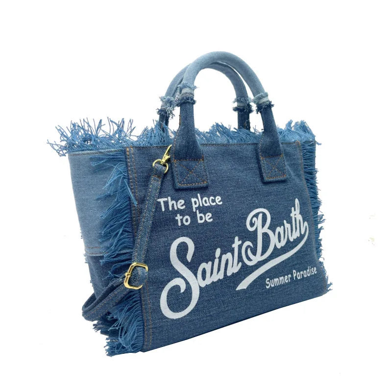 Bag for women's travel, solid color denim, small size, handmade tassel handbag