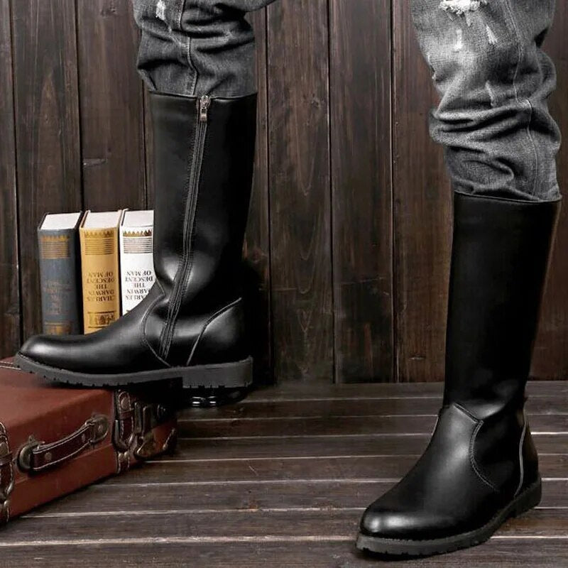 Winter Shoes Men Leather Motorcycle Boots Waterproof Equestrian Boots Black Long Boots