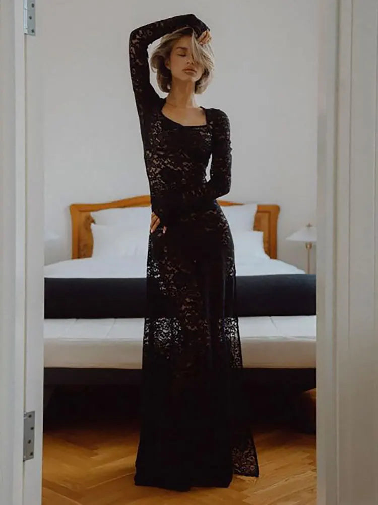 Formal attire Dresses: Square Neck Long Sleeve High Split Maxi Dress For Women