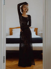Formal attire Dresses: Square Neck Long Sleeve High Split Maxi Dress For Women
