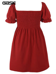 Plus Size Square Neck Shirred Puff Sleeve Dress Women