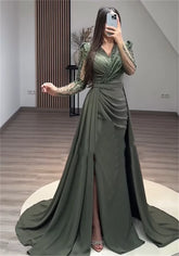 Homecoming Dresses: V-neck Sheath Celebrity Sequin Flowers Fold Satin Prom Dresses