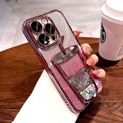 Bling Case For iPhone 16 15 14 13 12 Pro Max 15Pro 14Pro Lovely Clear Transparent Straw Cup Cover Insert Glitter Paper
