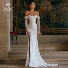 White Bridesmaid Dresses: Wedding Dress Beading Split Mermaid Detachable Train