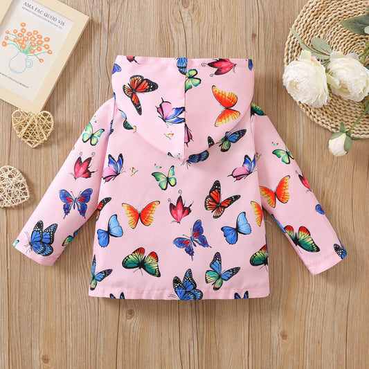 Pink girls autumn sweet jacket full printed butterfly long-sleeved hooded zipper sweater kids daily casual baby girl clothing