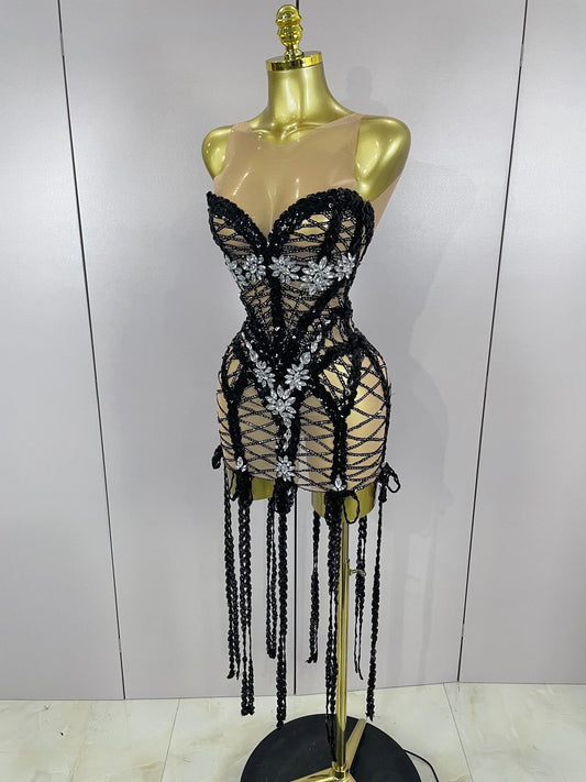 Sparkle Sequins Embroider Sparking Diamonds Long Tassel Sleeveless Mini Dress Women Red Carpet Goddess Stage Performance Costume